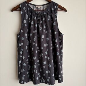 LOFT Floral Sleeveless Blouse Gray Blue Print Pleated Neck Tank Women’s L